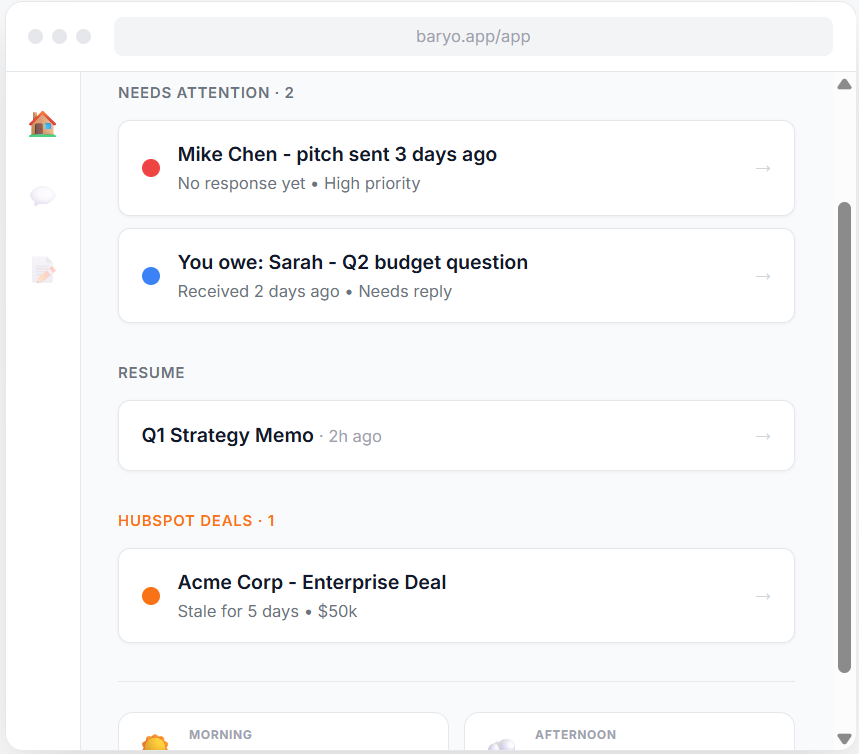 Baryo — unified inbox showing follow-ups, drafts to resume, and HubSpot deals